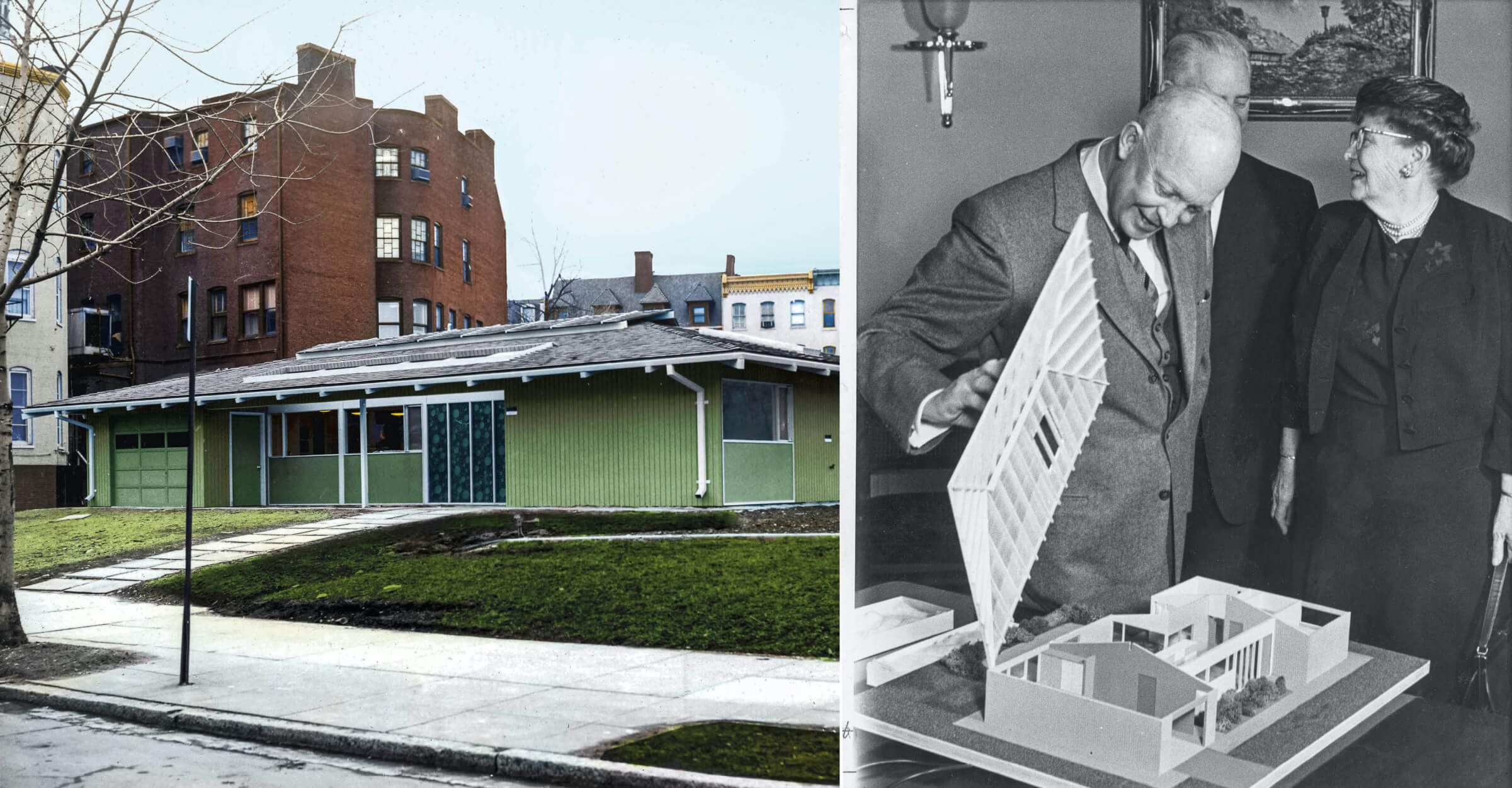 Side by side vintage photos of the House of Freedom in Washington, D.C. and President Eisenhower inspecting a model of the house with Ethel Percy Andrus