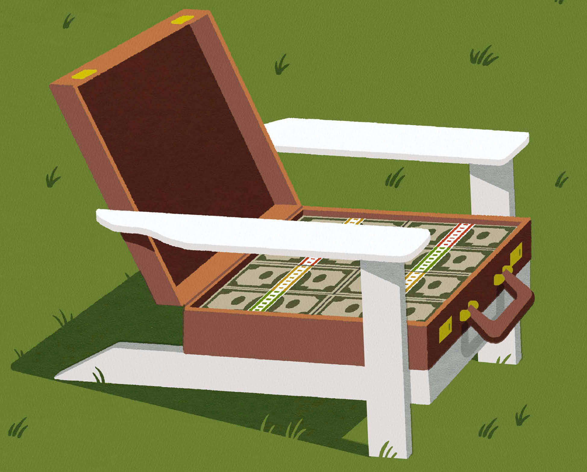 Illustration of an open briefcase full of money that forms the seat and back of an Adirondack chair on a green lawn