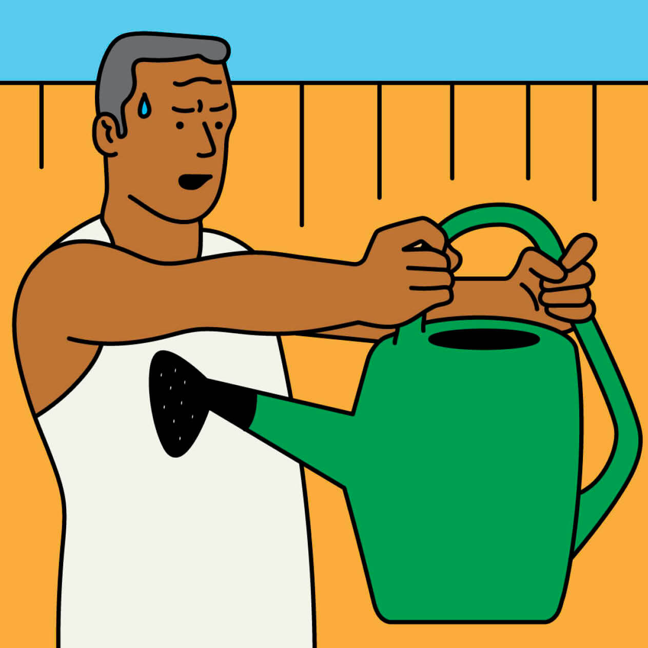 Illustration of a man sweating as he lifts a heavy watering can with both hands