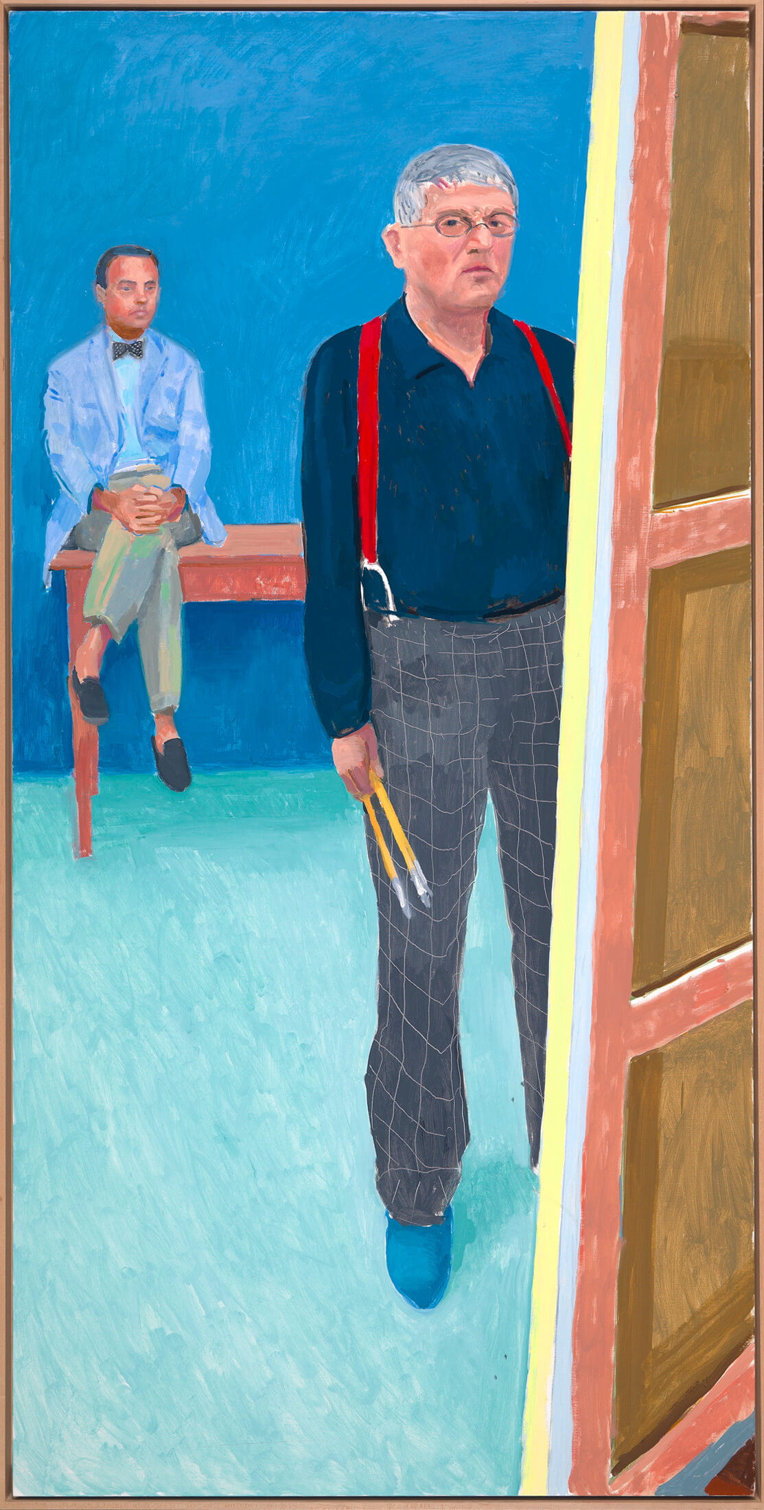 Photo of a self-portrait painting of David Hockney with his friend seated in the background