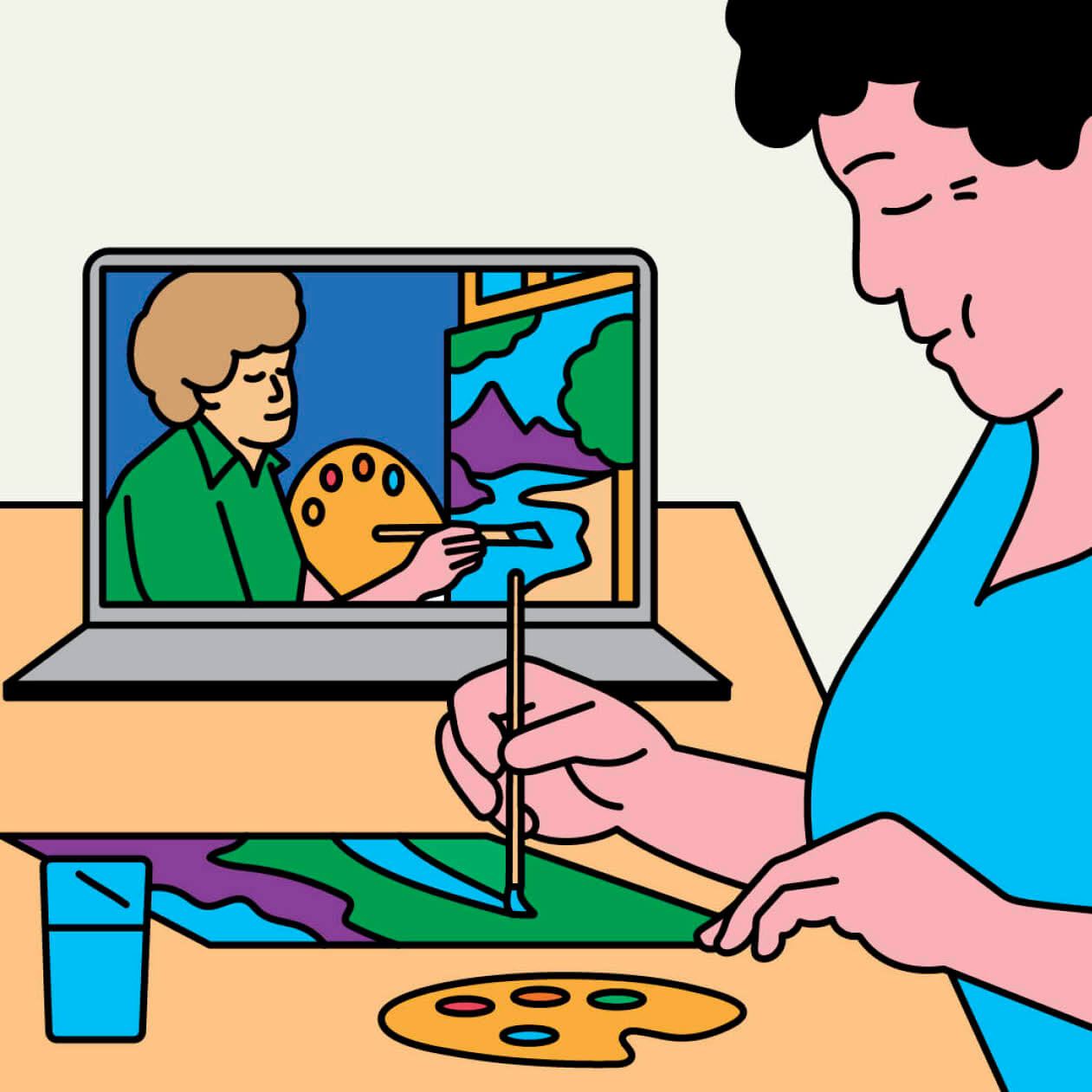 Illustration of a woman painting a picture as she watches a painting lesson on her laptop computer screen