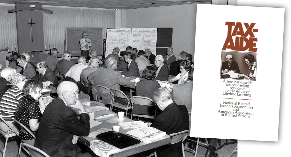 Vintage black and white photo of an AARP Tax-Aide course with an inset of a Tax-Aide brochure