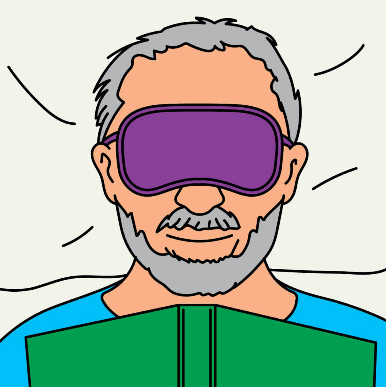 Illustration of a man in bed wearing a sleep mask