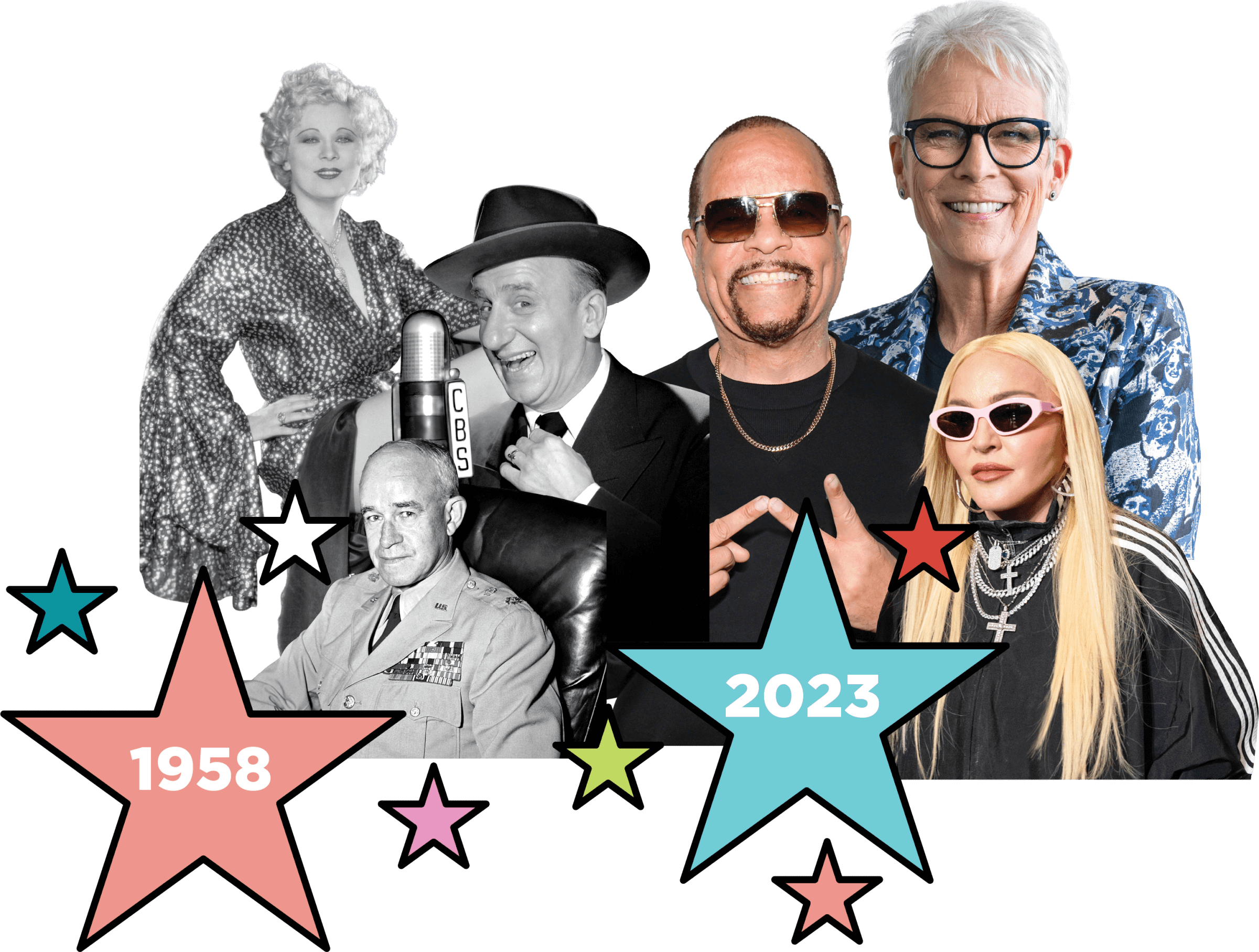 Photo collage showing various well-known people who turned 65 in 1958 and 2023