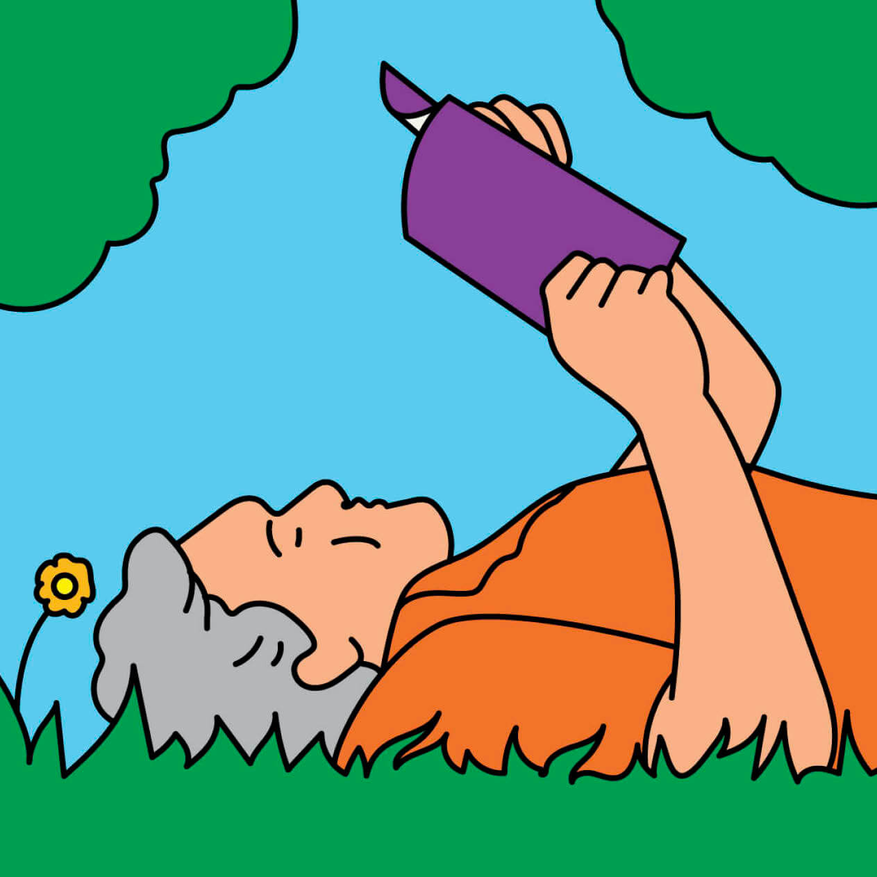 Illustration of a person laying on the grass reading a book