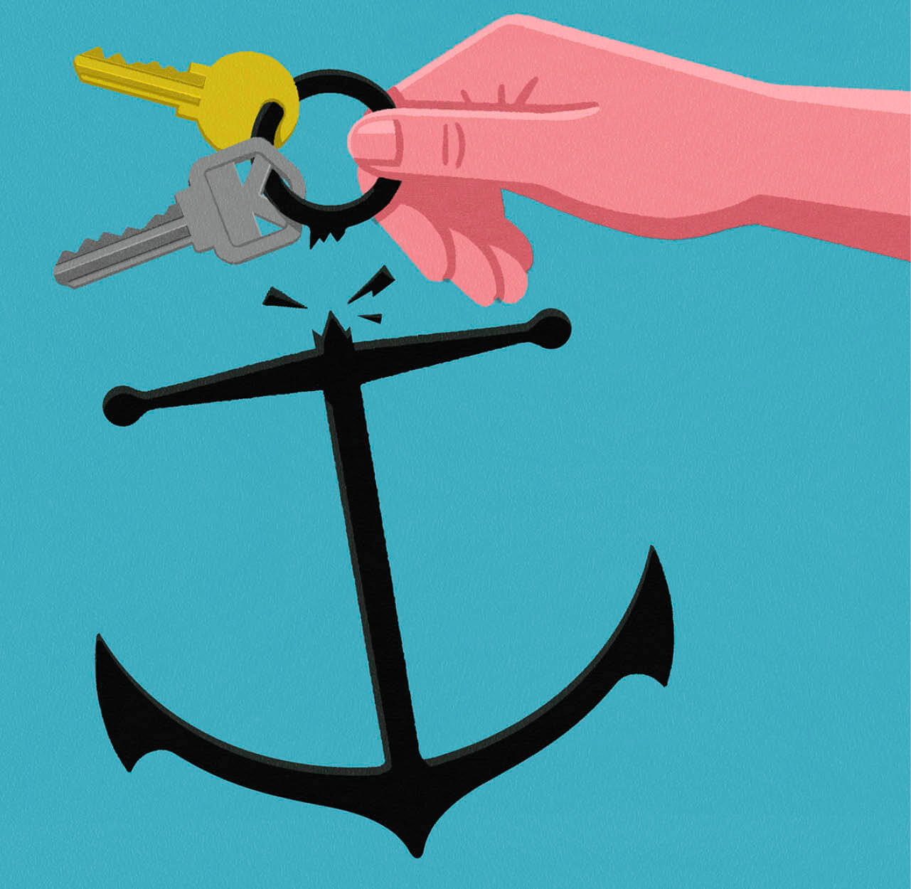 Illustration of a hand breaking off the top ring of a black anchor. The ring has 2 keys on it.