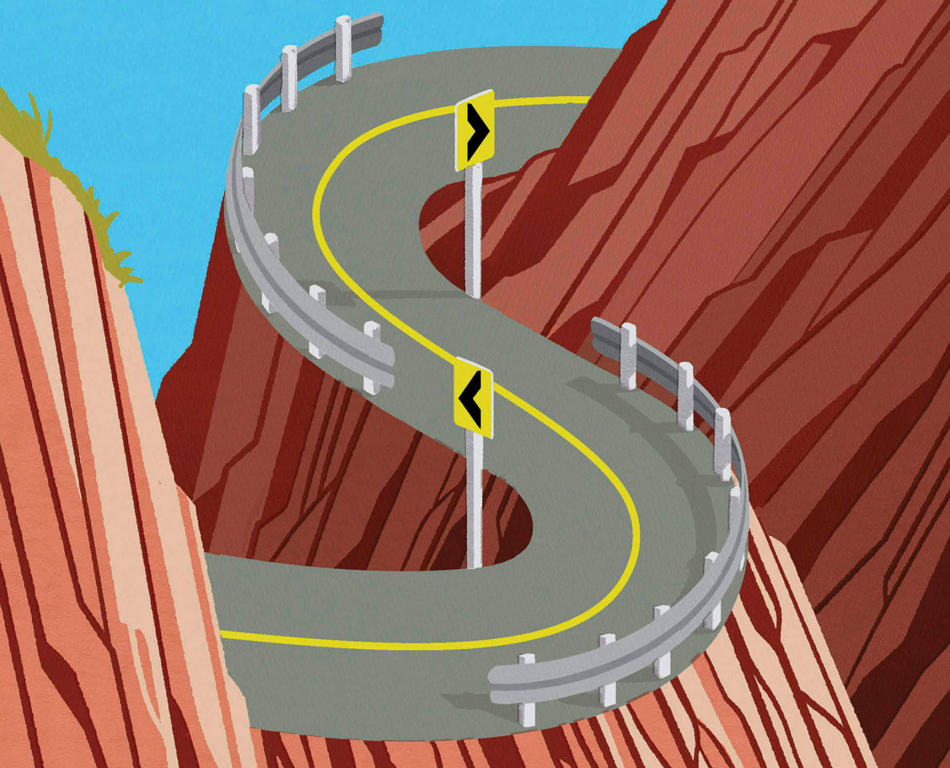 Illustration of a winding mountain road in the shape of a dollar sign