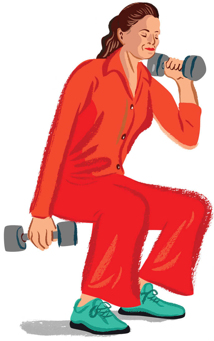 Illustration of a woman doing dumbbell-offset squats