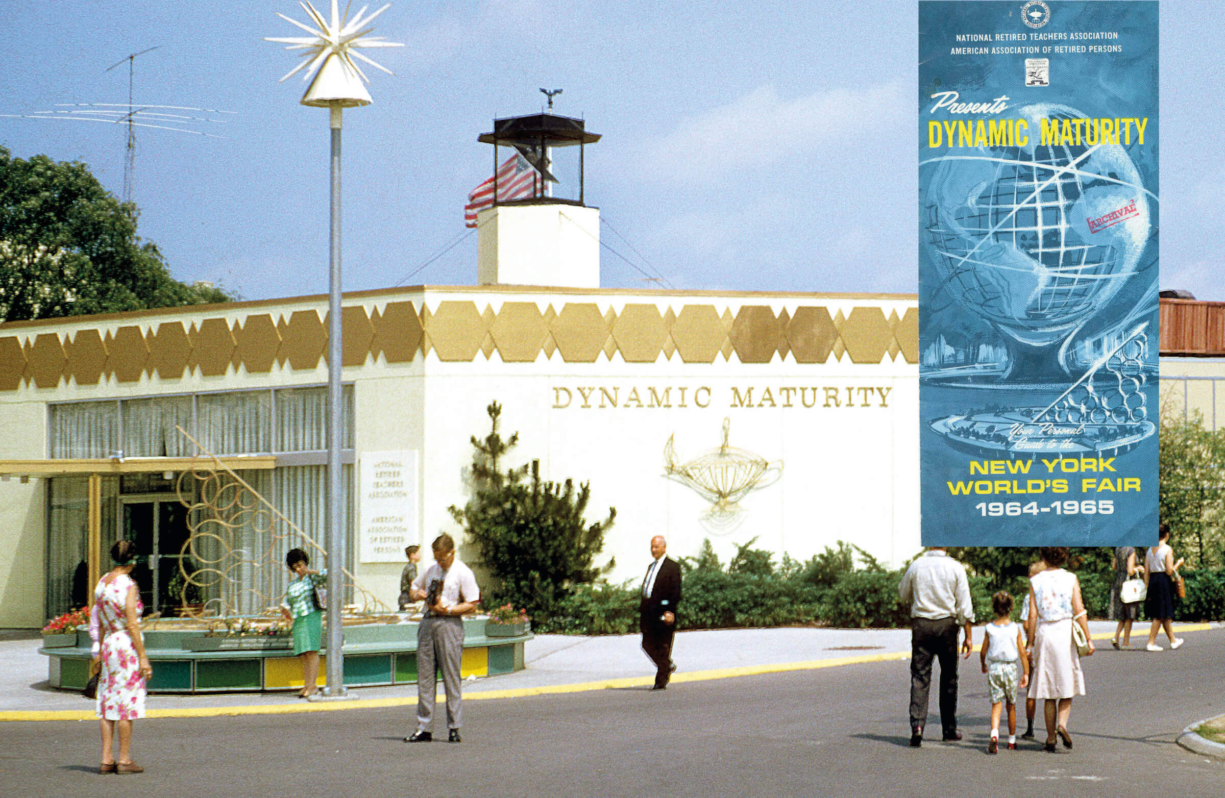 Vintage photo of AARP's Dynamic Maturity Pavilion at the 1964–65 World's Fair with an inset of its brochure