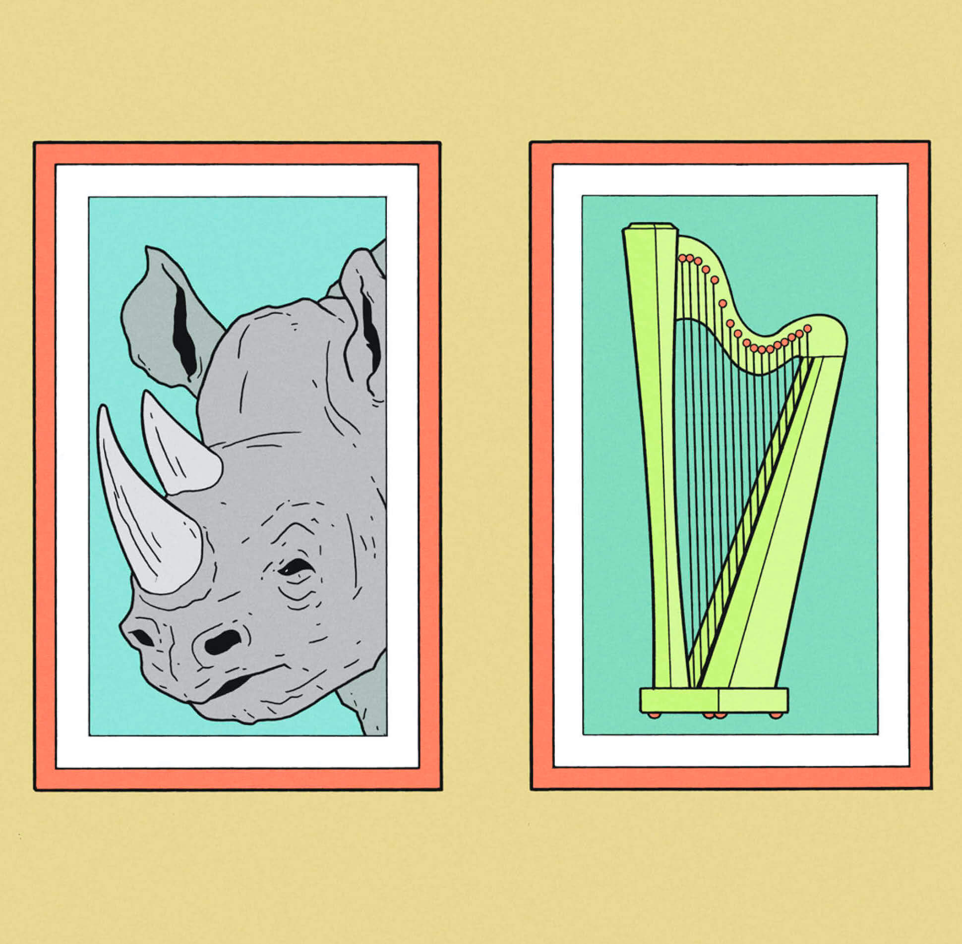 Illustration of a rhinoceros and a harp