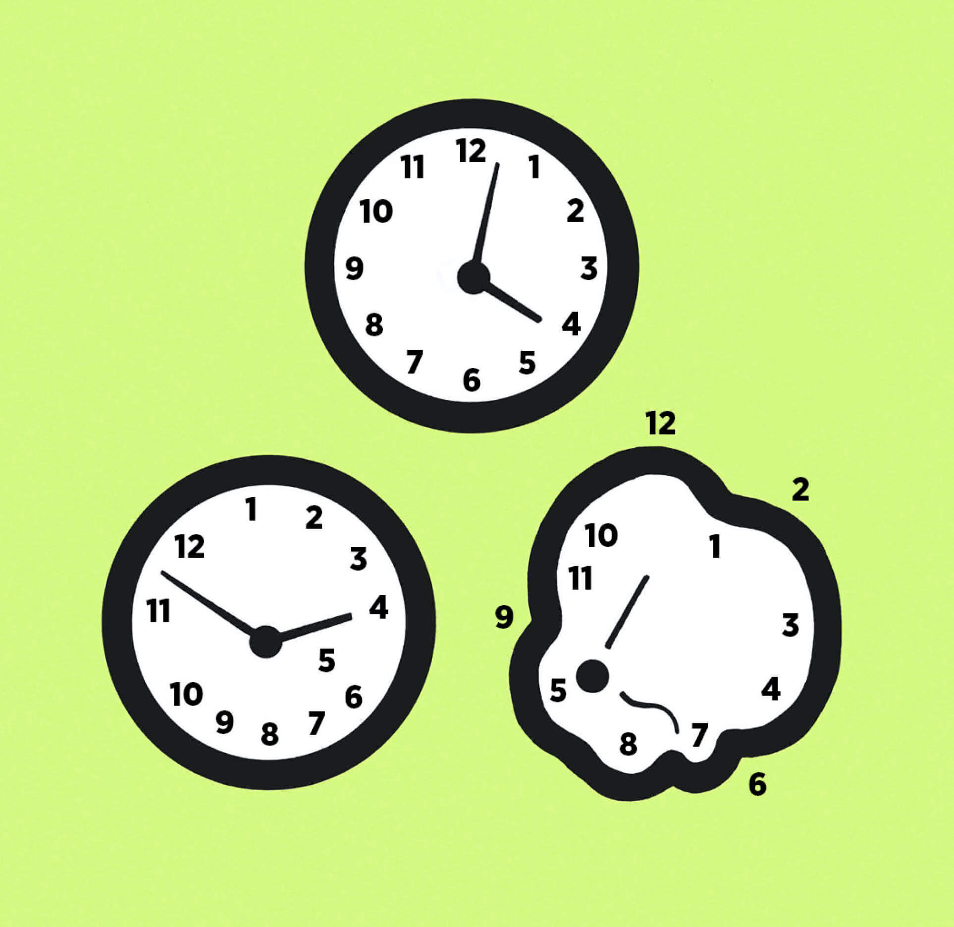 Illustration of 3 clocks showing different times