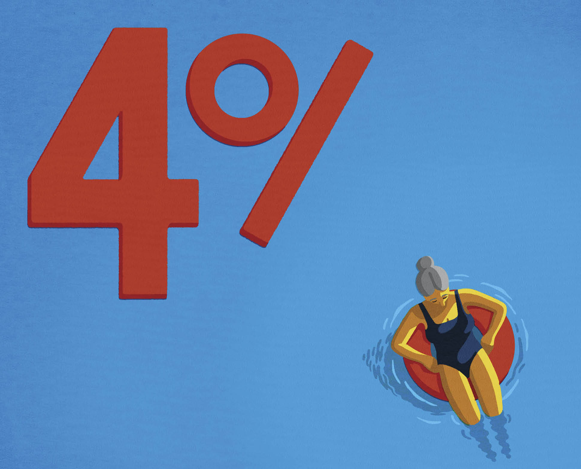 Illustration of a person floating in a red inner tube at the bottom of a blue background with a large red number 4 with half a percentage sign at the top