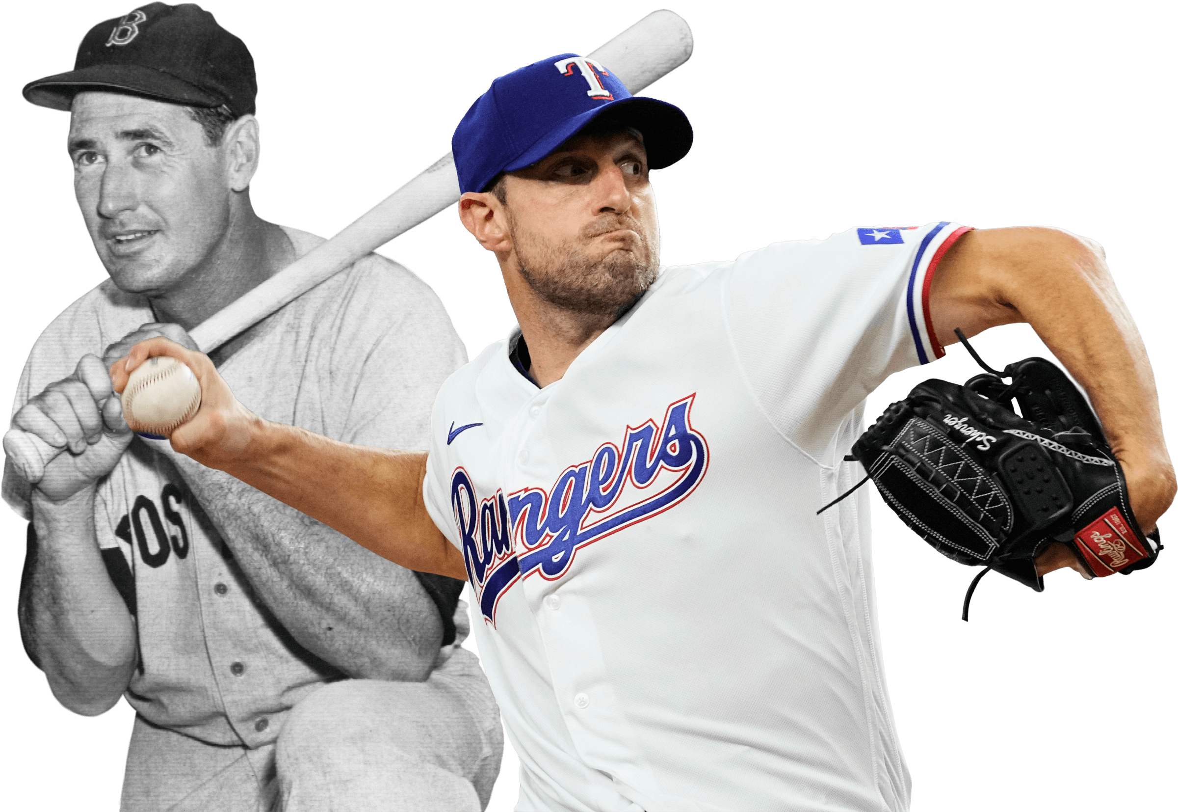 Side-by-side photos of baseball players Ted Williams and Max Scherzer