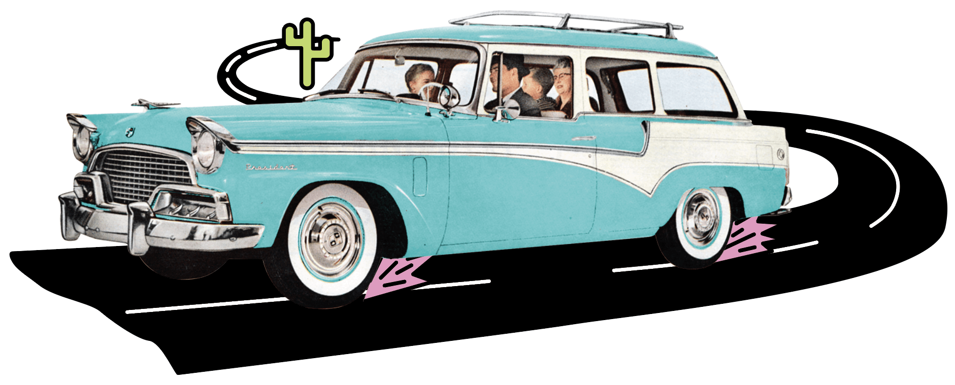 Photo illustration of people in a vintage station wagon driving down a desert highway