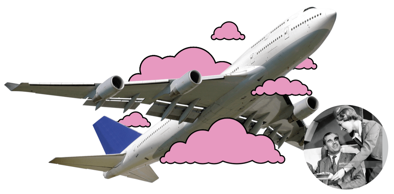 Photo illustration of an airplane flying in the clouds with an inset photo of a stewardess serving a passenger