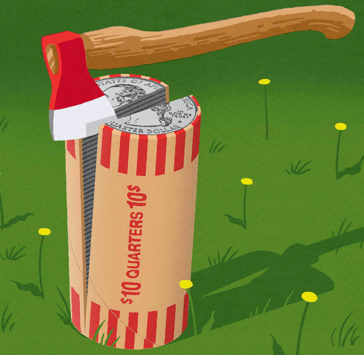 Illustration of an ax splitting open a wrapped roll of quarters