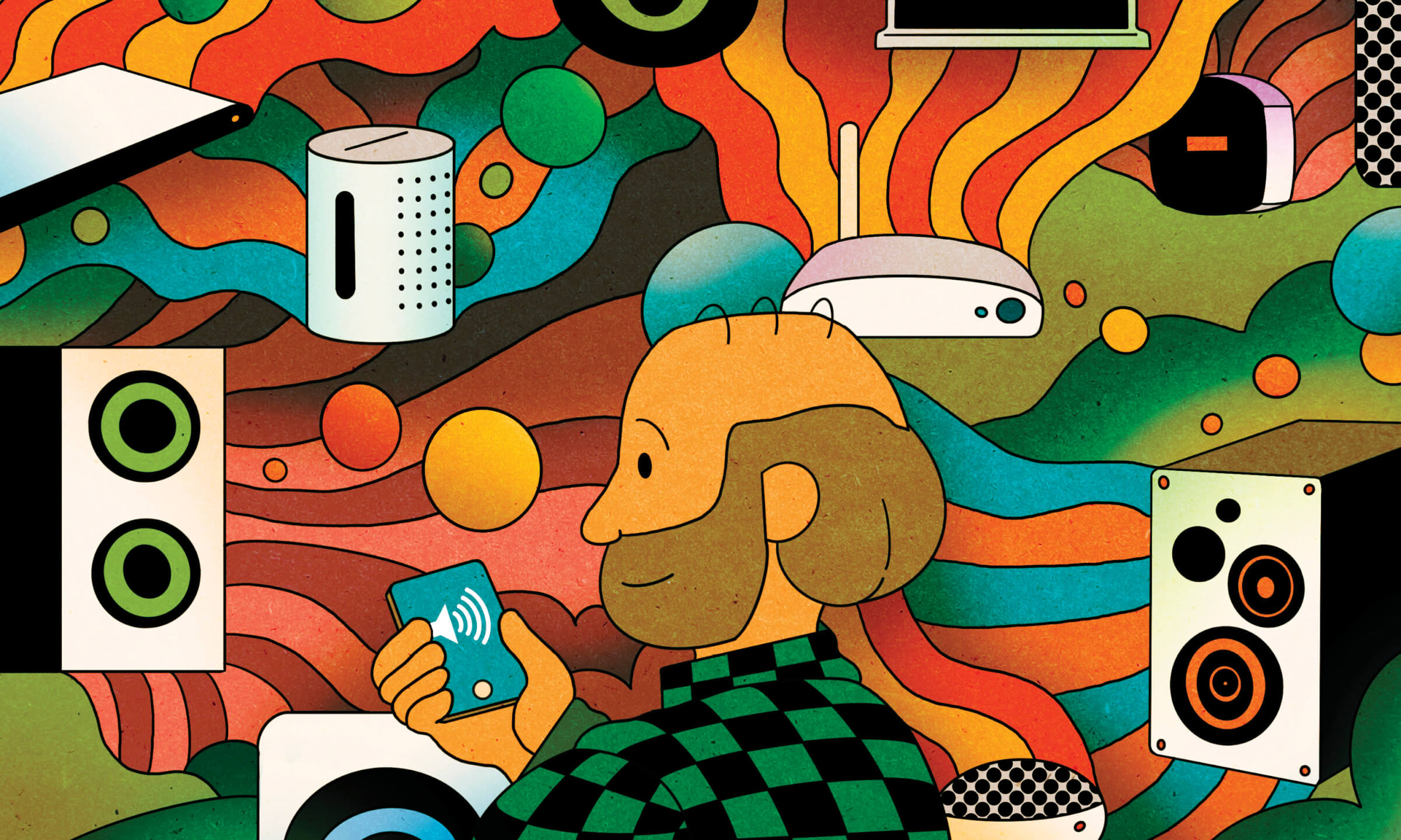 Illustration of a man streaming his favorite music through various devices
