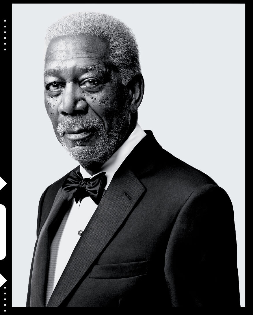 Black and white photo of Morgan Freeman wearing a tuxedo