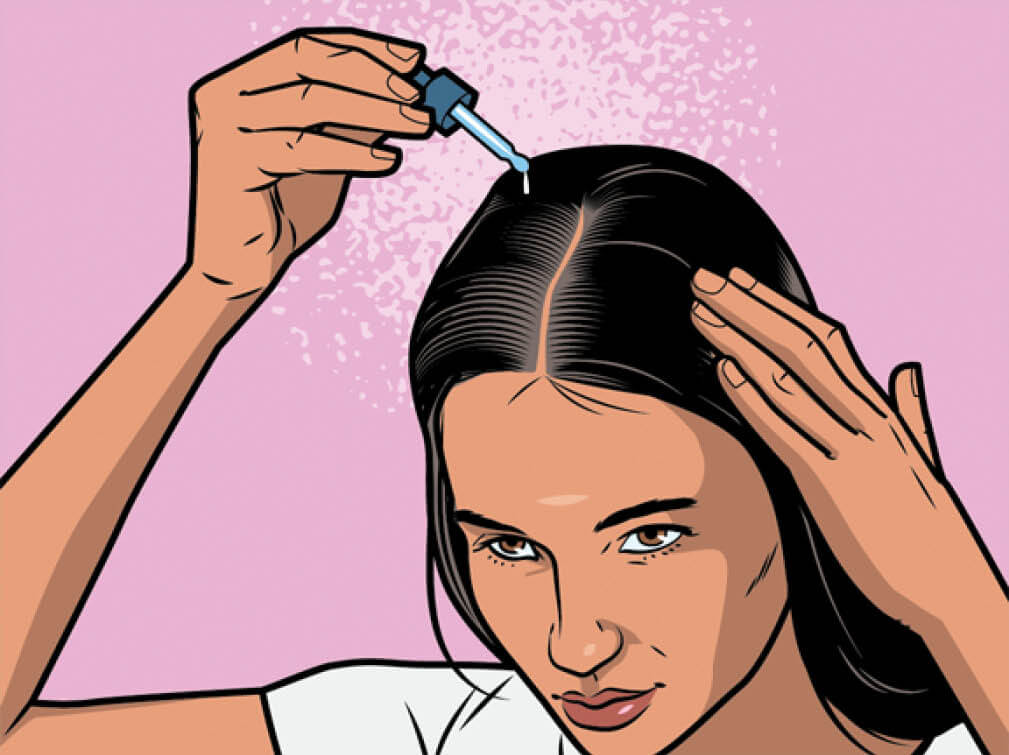 Illustration of a woman applying serum to her scalp