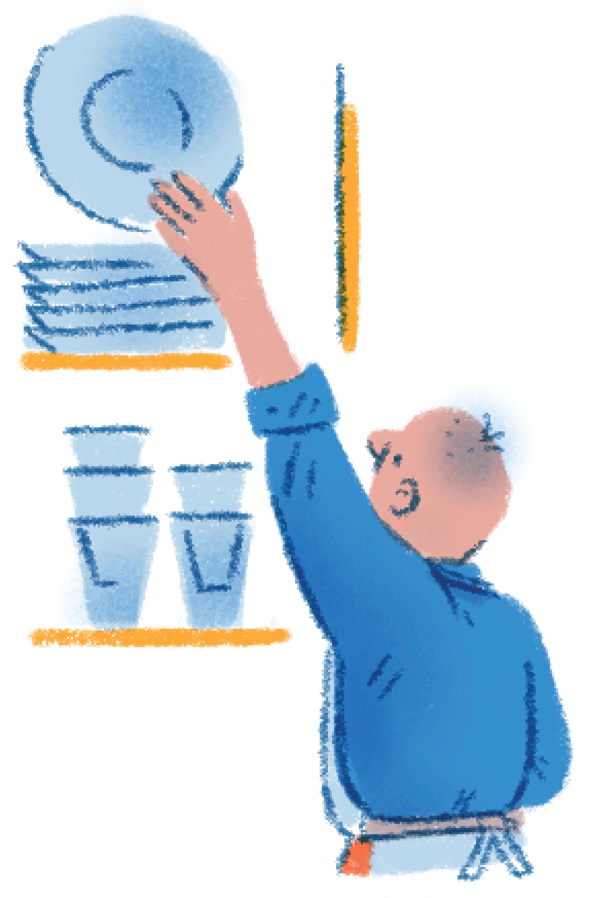 Illustration of man reaching to put away plate