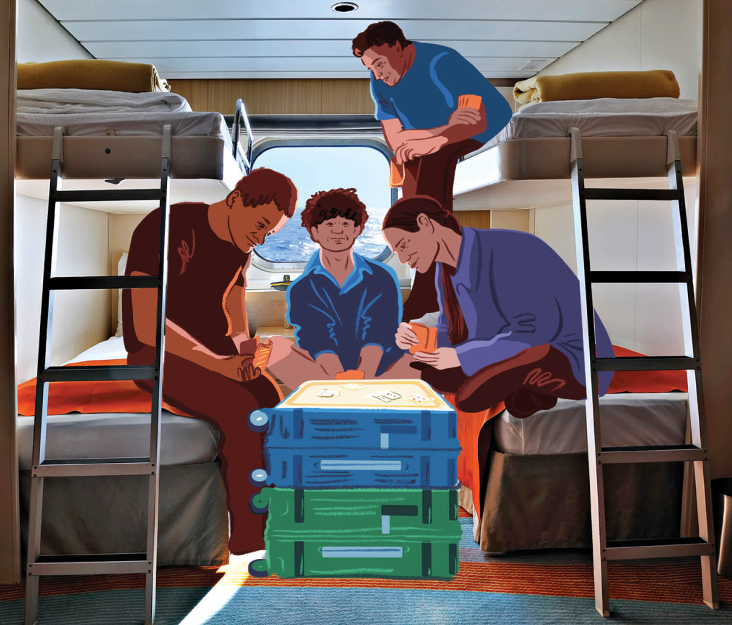 Photo illustration of a family of 4 cramped into a bunk bed cabin