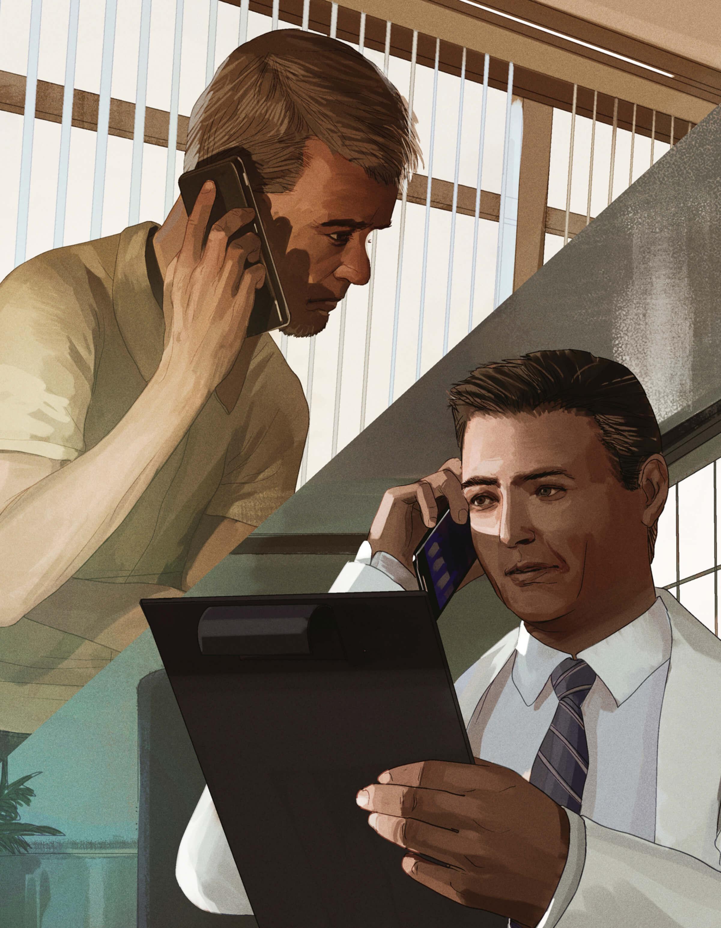 Illustration of Travis on the phone with a doctor