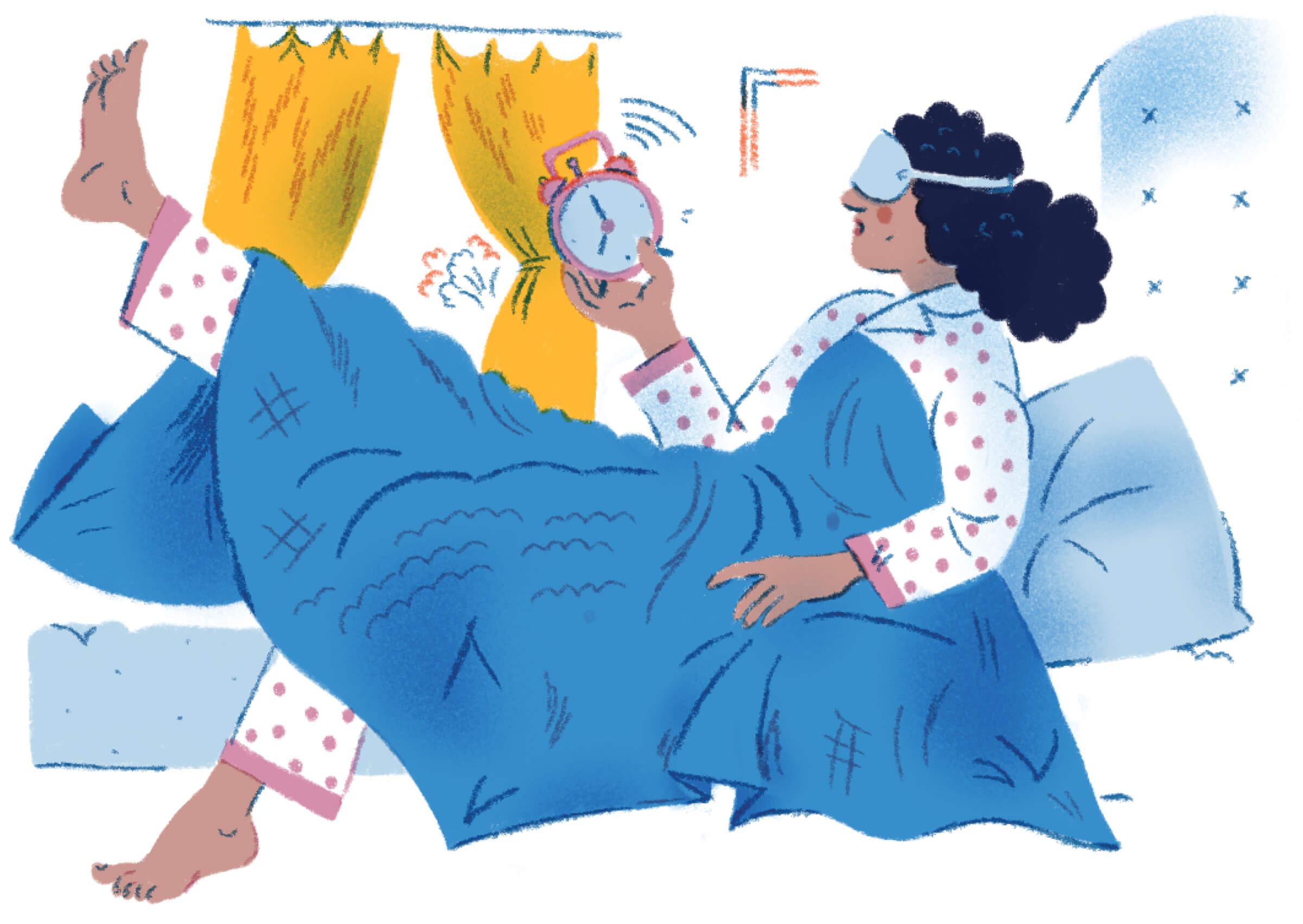 Illustration of woman waking up in bed