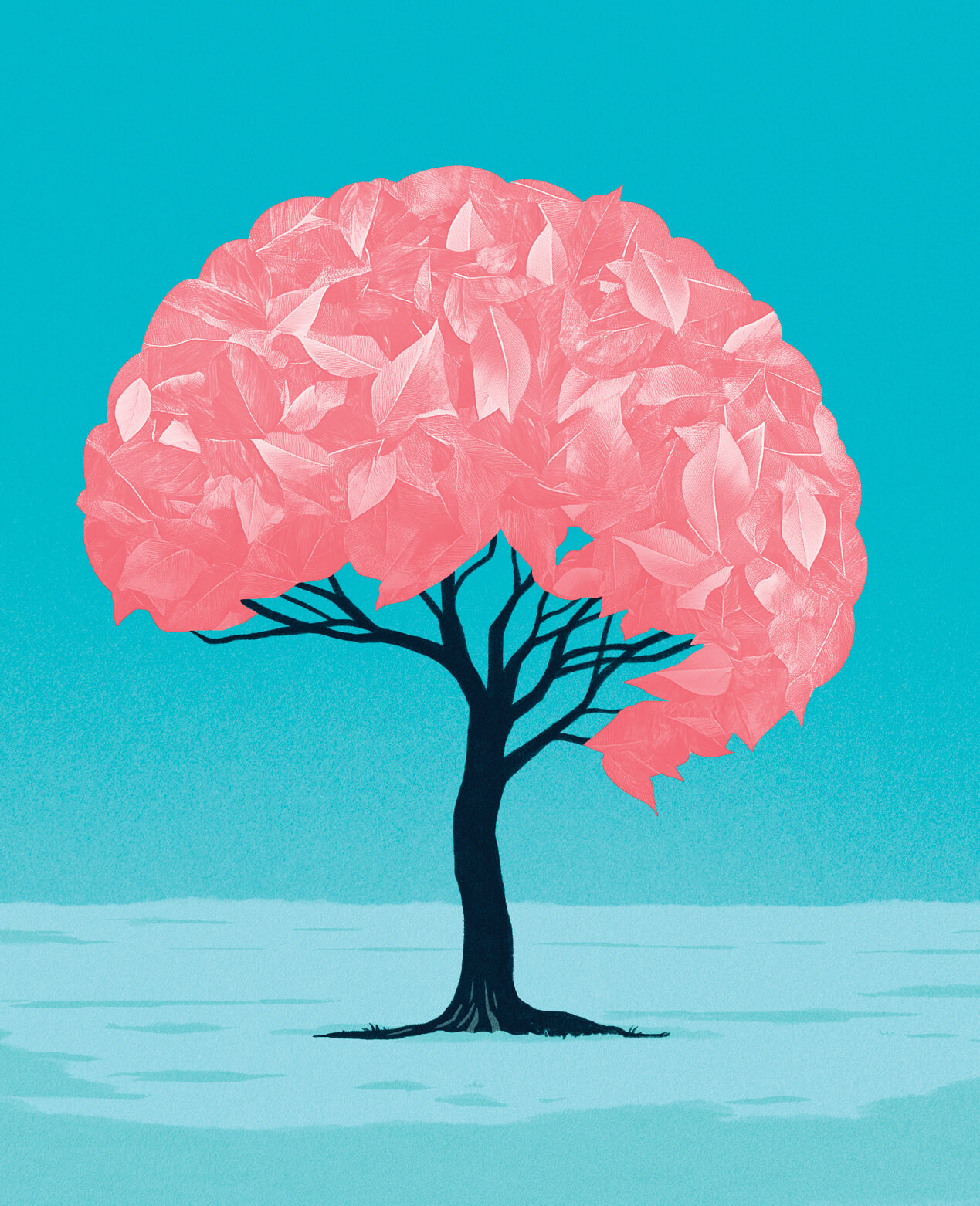Illustration of a tree, the pink leaves are in the shape of a brain