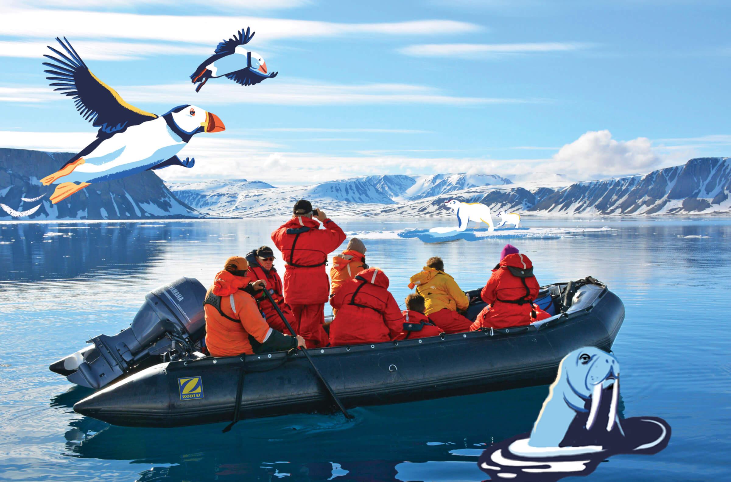 Photo illustration of a group in a Zodiac boat in Norway, viewing polar bears and puffins