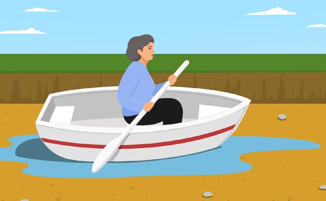 Illustration of a woman in a row boat and the river is dried up
