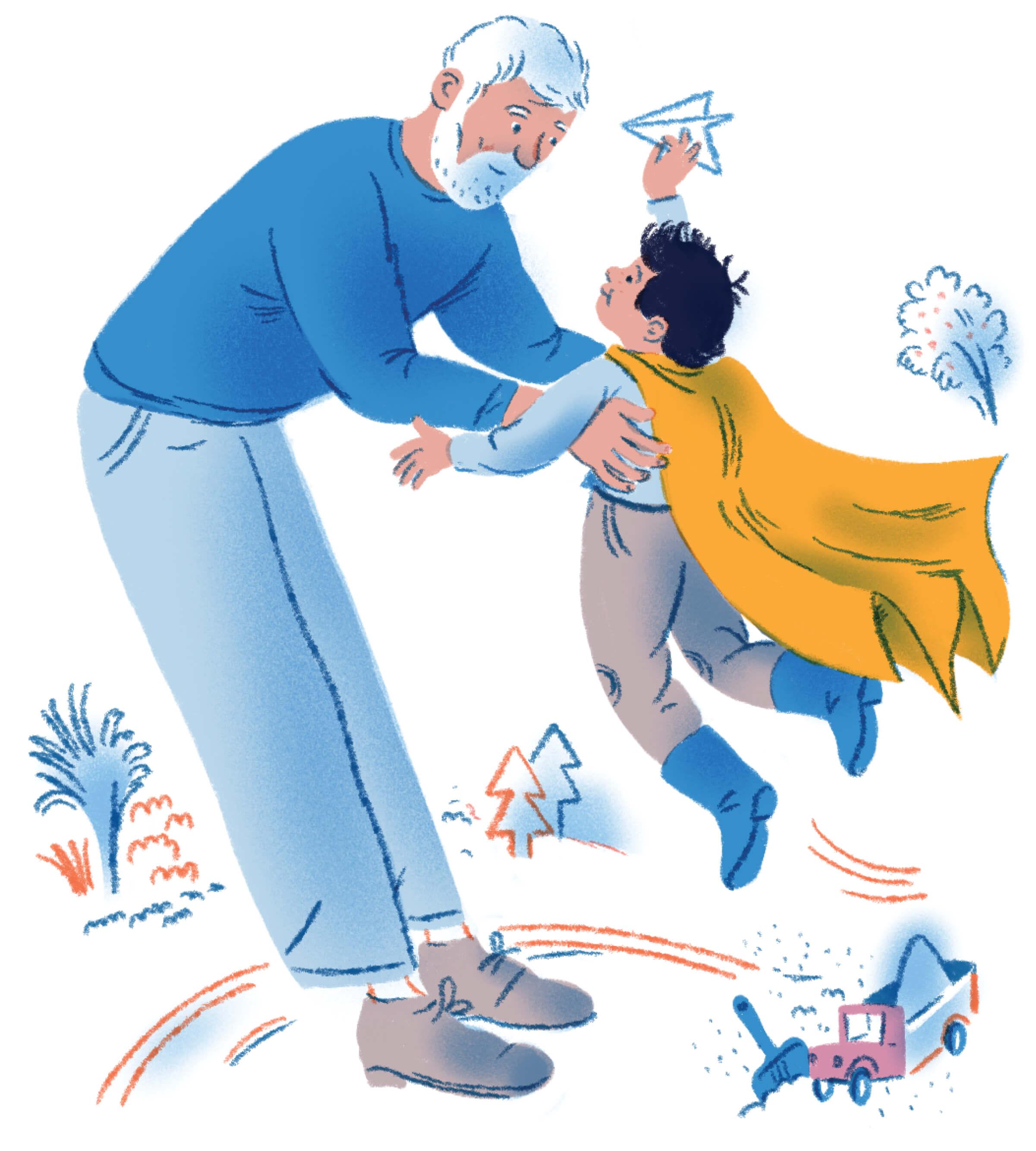 Illustration of an older man picking up his grandchild