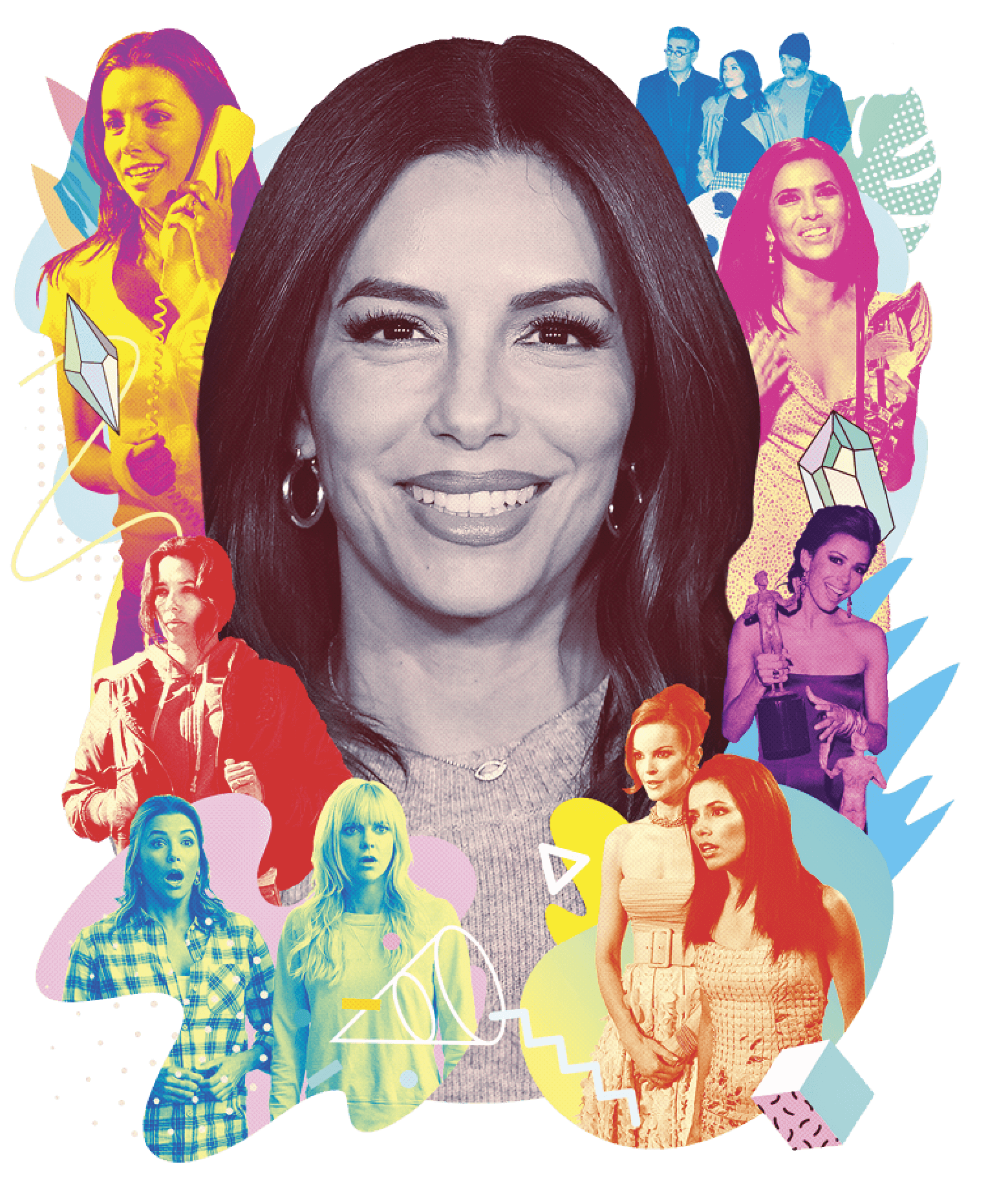 Photo collage of Eva Longoria, her portrait is surrounded by smaller images of her famous acting roles
