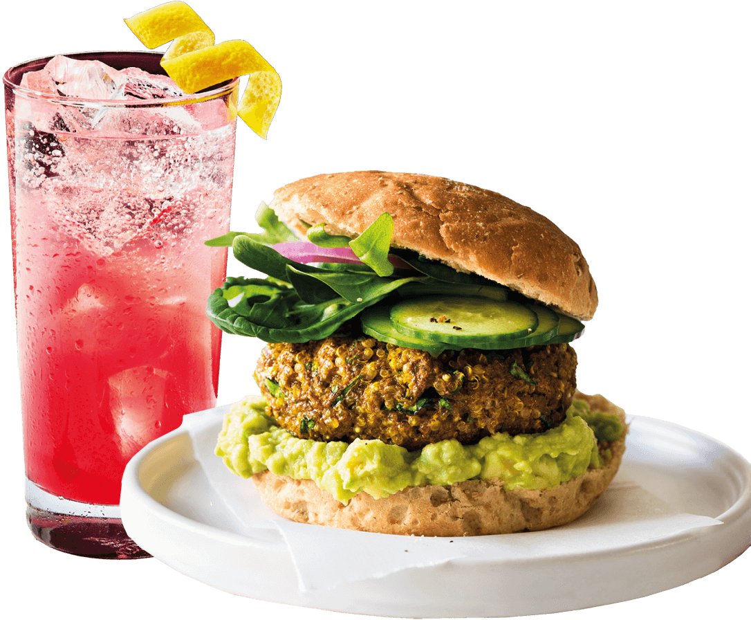 Photo of a cocktail and veggie burger