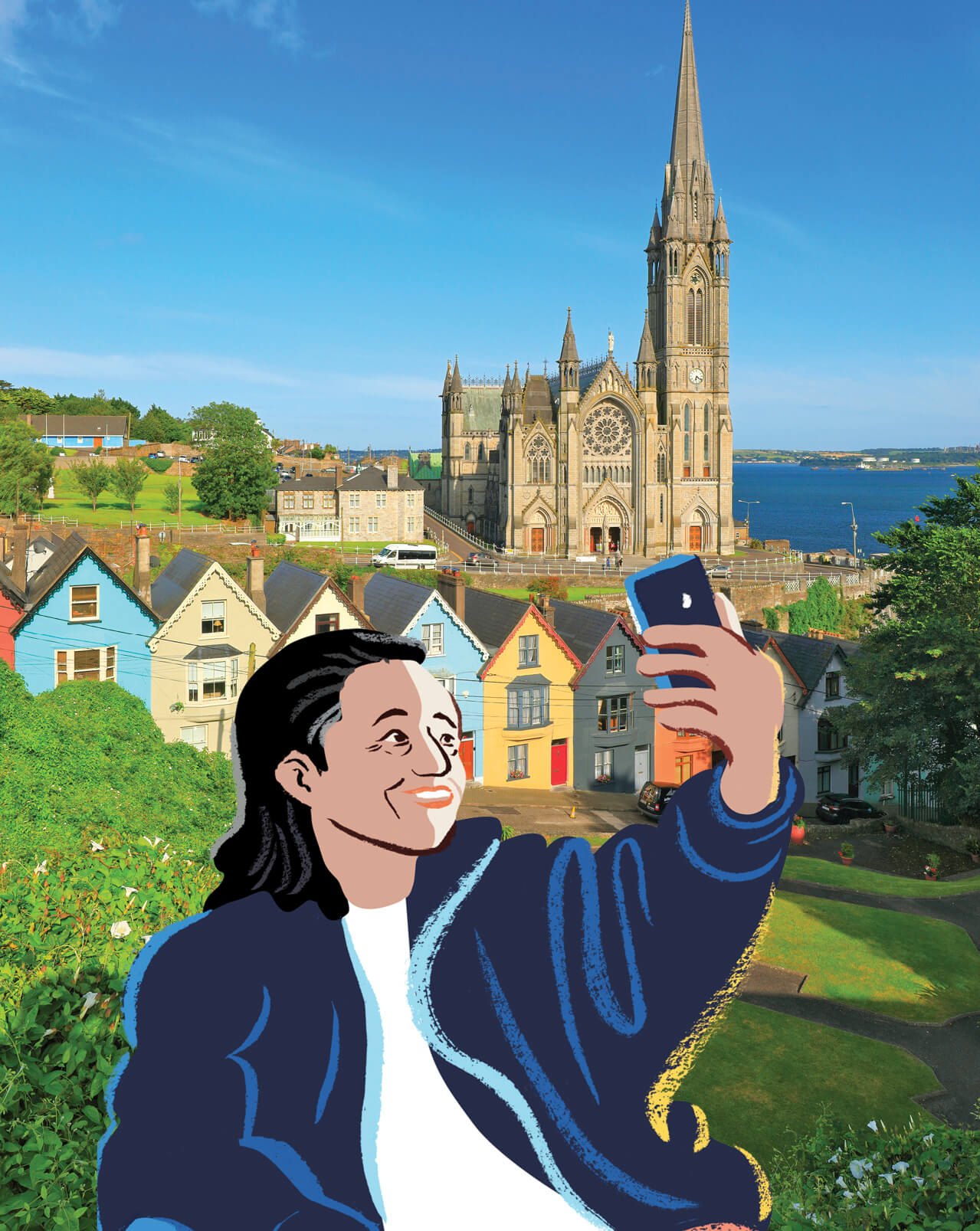 Photo illustration of a woman taking a selfie in front of a park and church