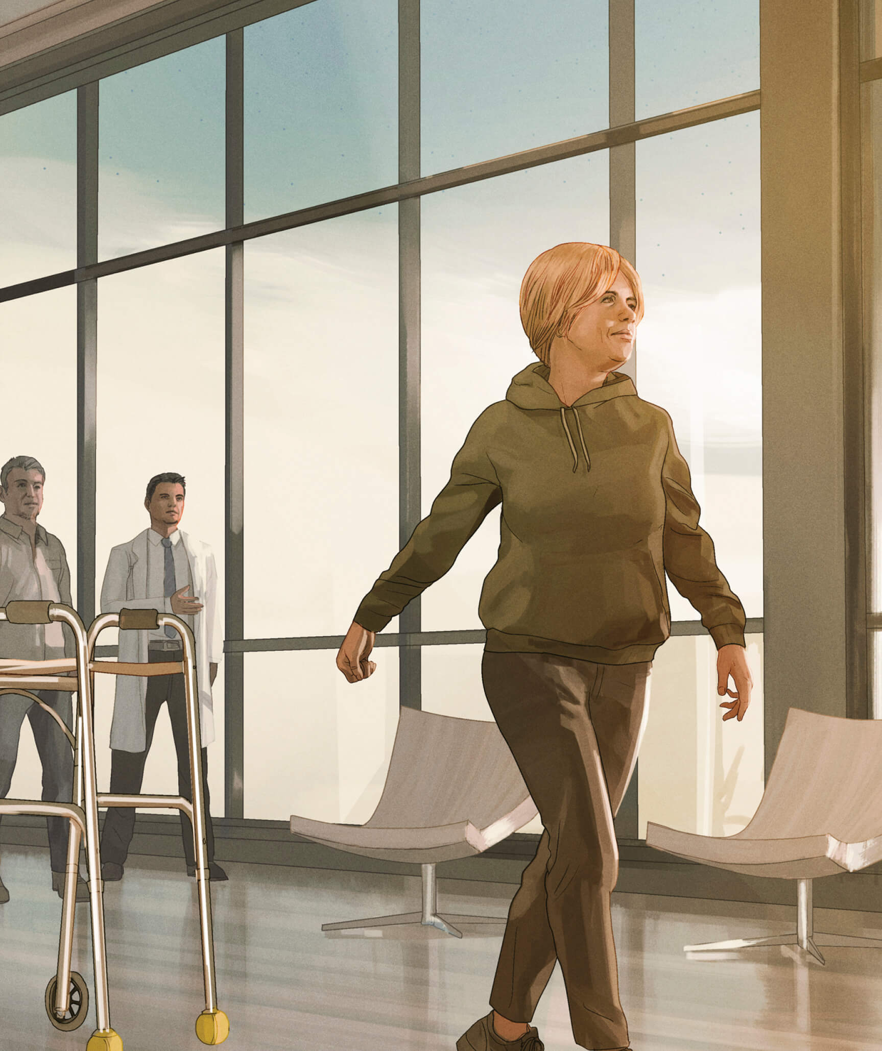 Illustration of Sandra walking without help