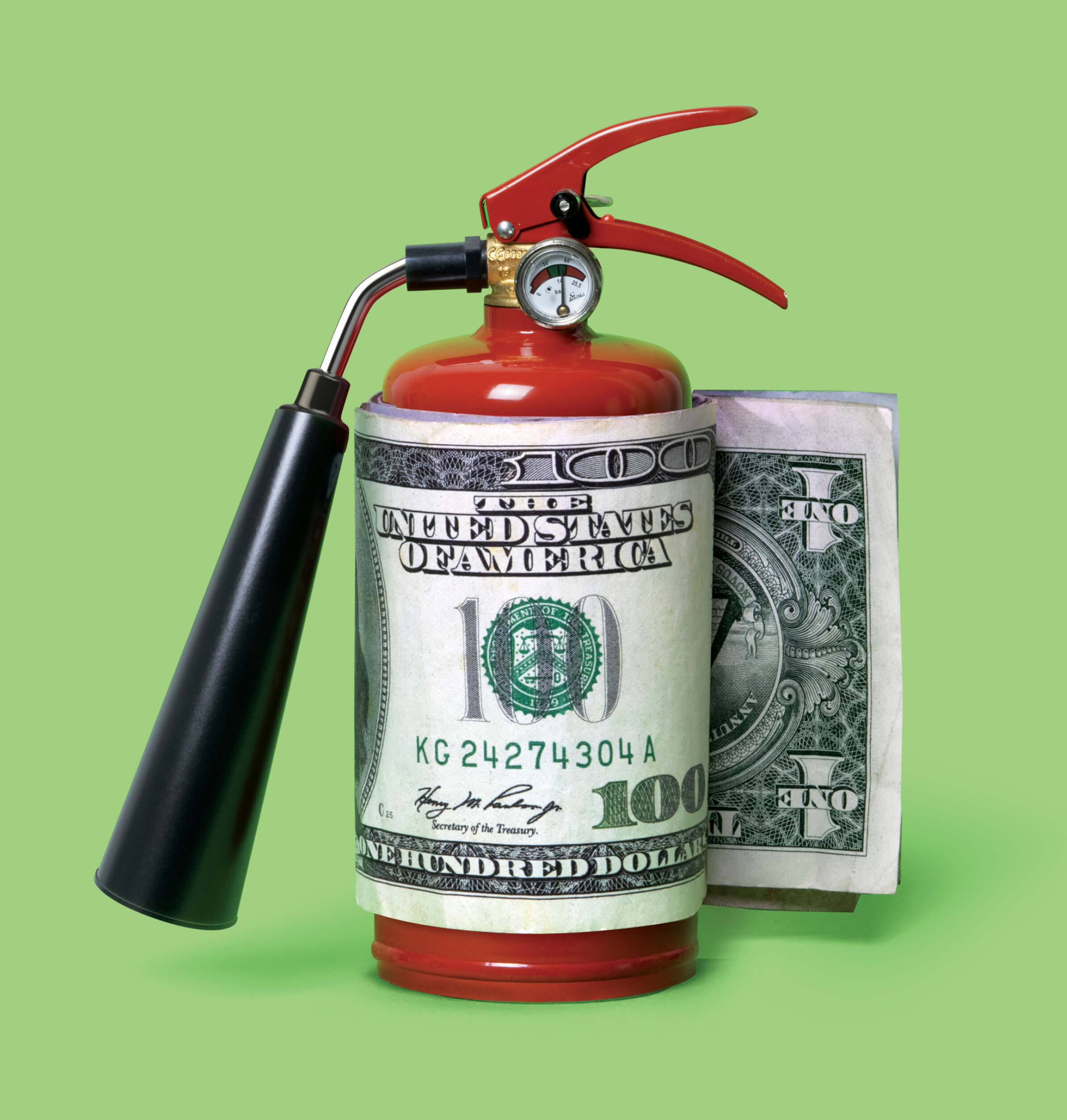 Photo illustration of a fire extinguisher with a 100 dollar bill wrapped around it