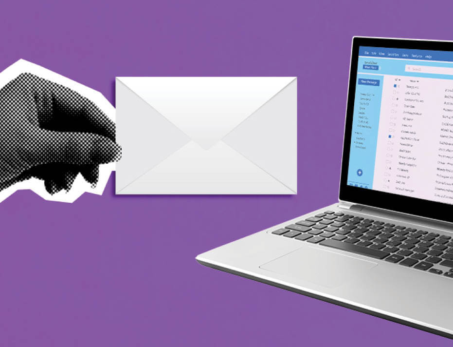 Photo illustration of a hand pulling an envelope away from a computer email screen