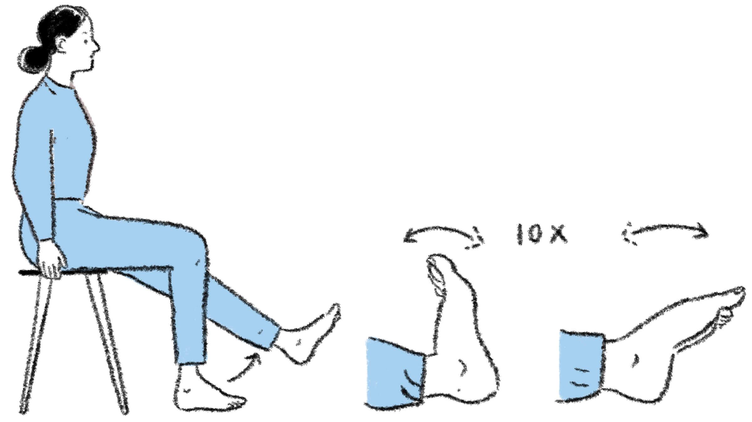 Illustration of seated woman flexing feet back and forth