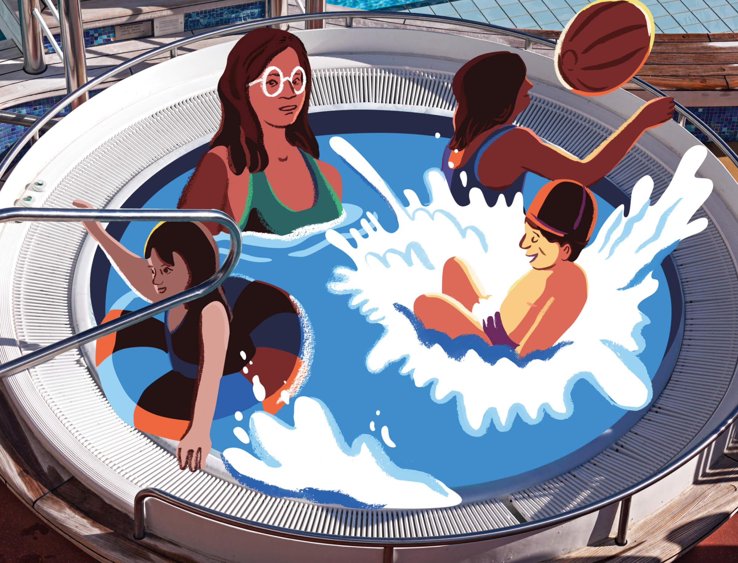 Photo illustration of a woman surrounded by rowdy children in a hot tub