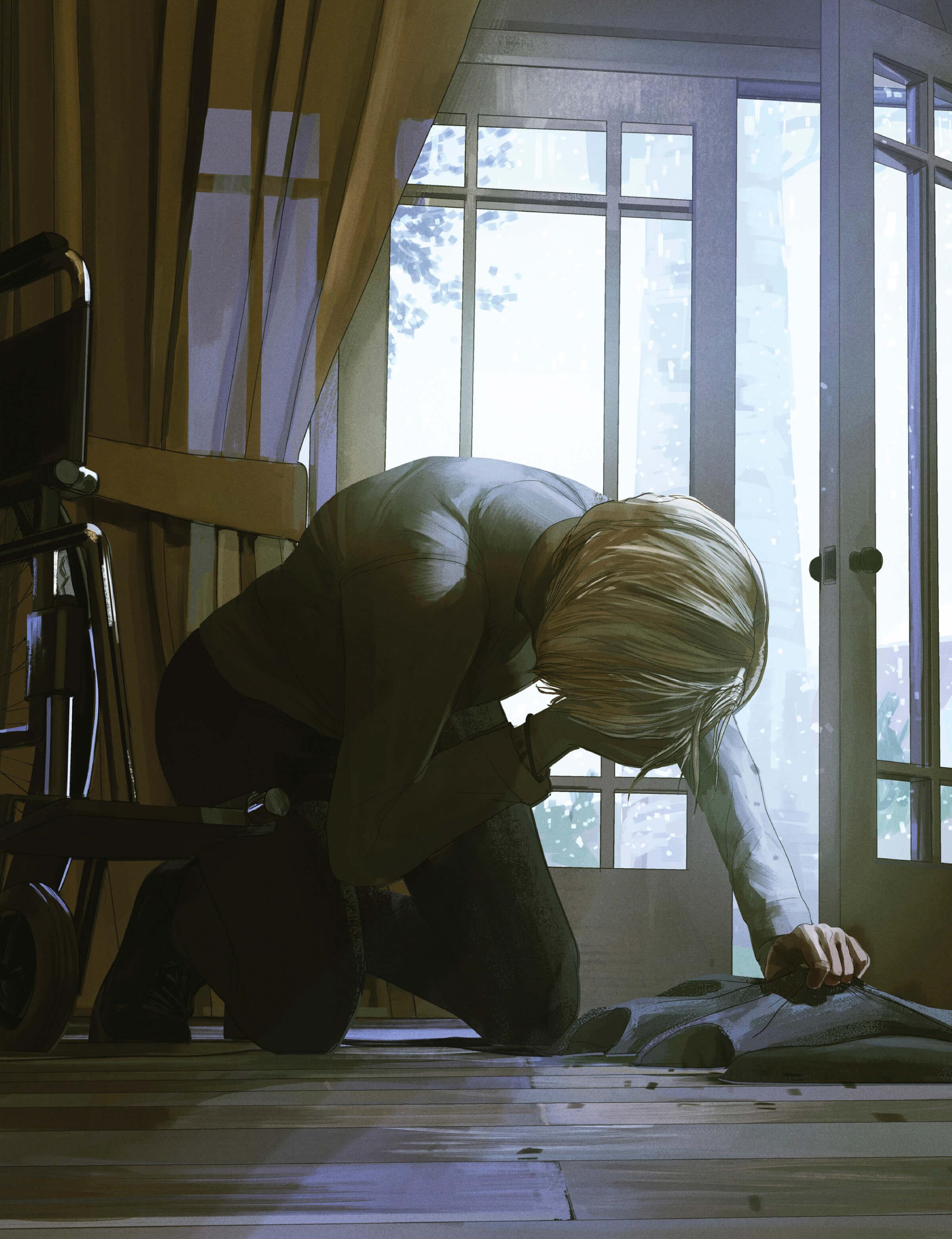 Illustration of a woman on her knees, holding her head in pain