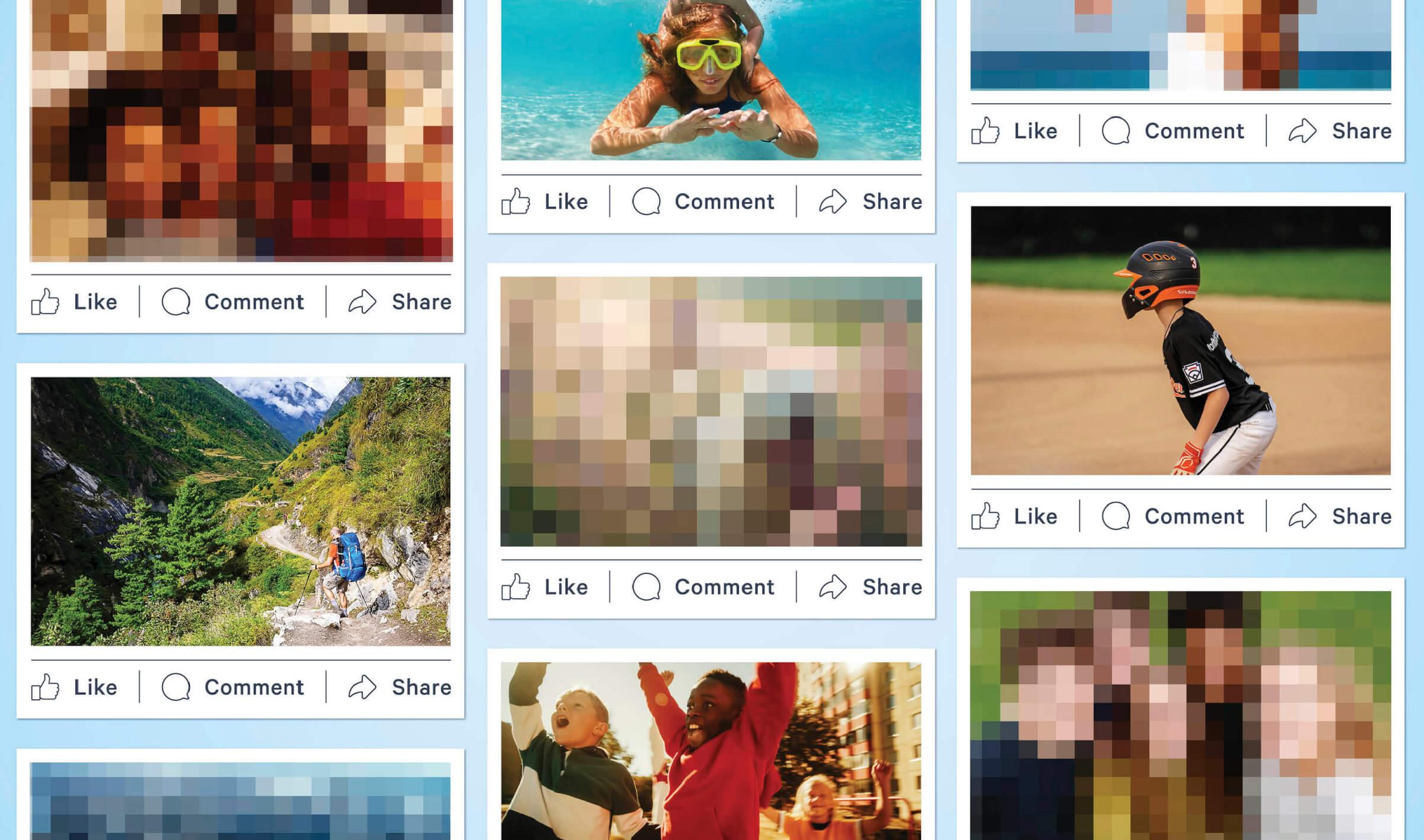 Photo illustration of a feed of photo memories, some are blurred out