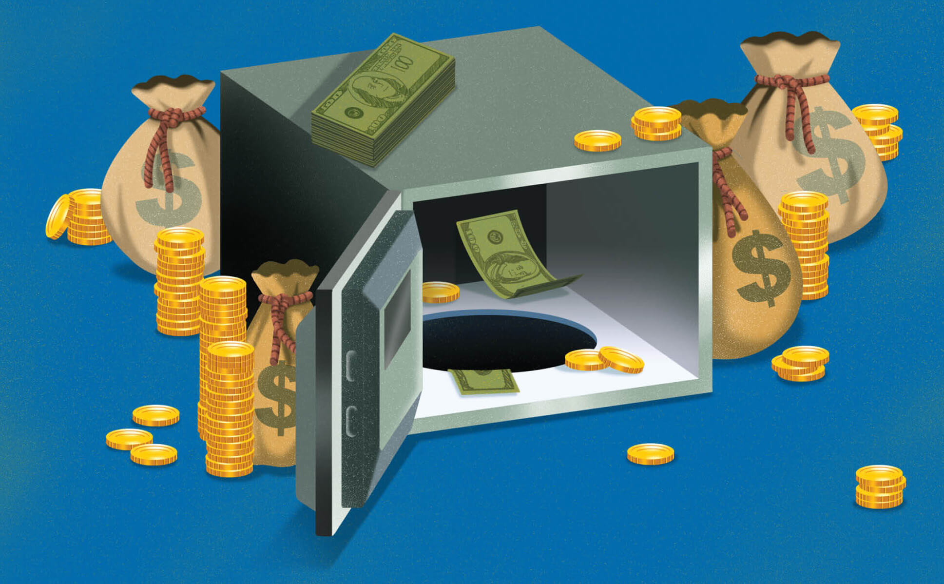 Illustration of an open safe surrounded by gold coins. Inside the safe there is a hole in the bottom
