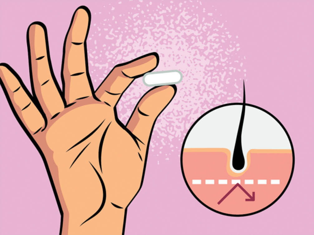 Illustration of a hand holding a pill