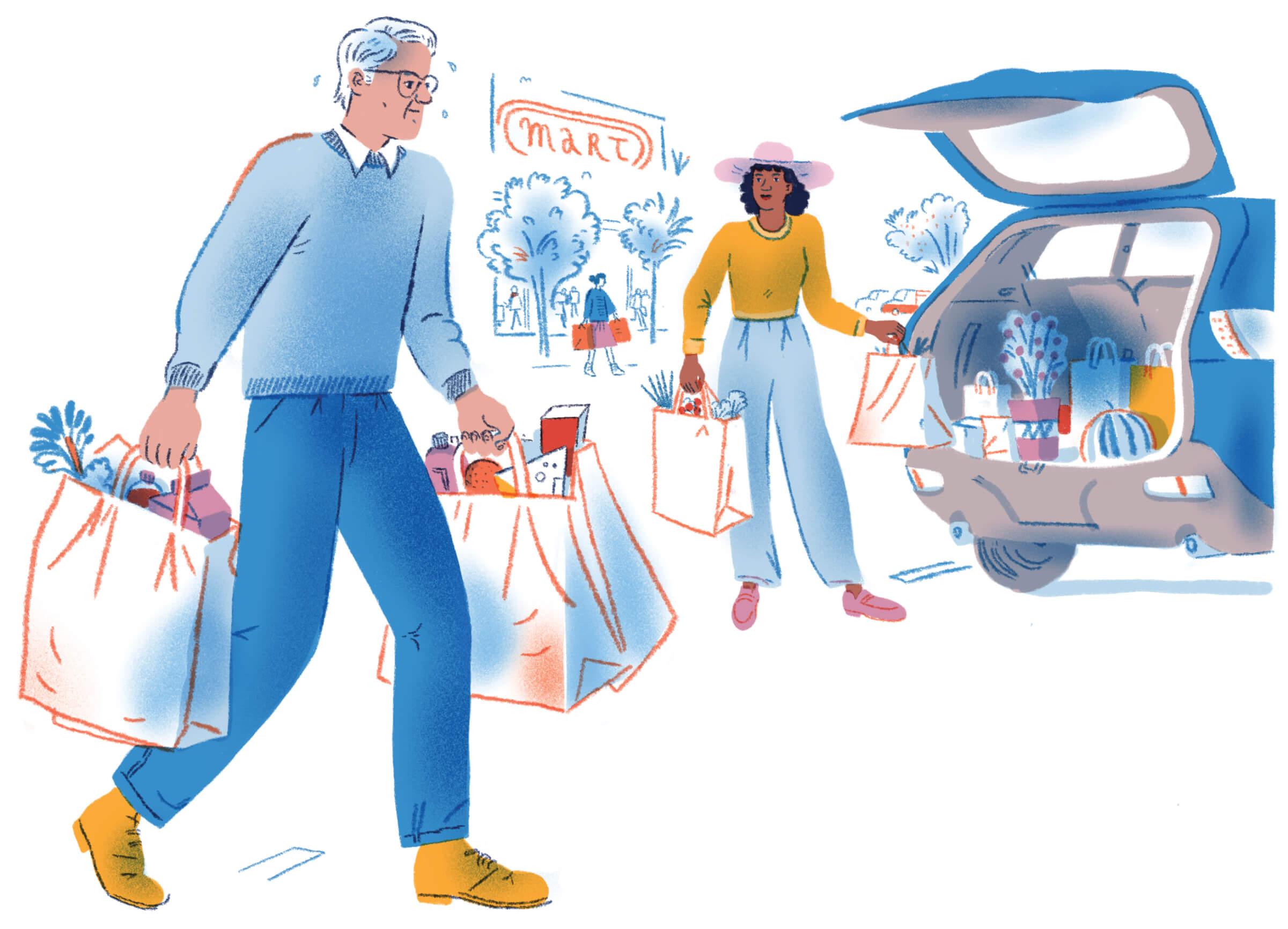 Illustration of a man stuggling to carry groceries to car trunk