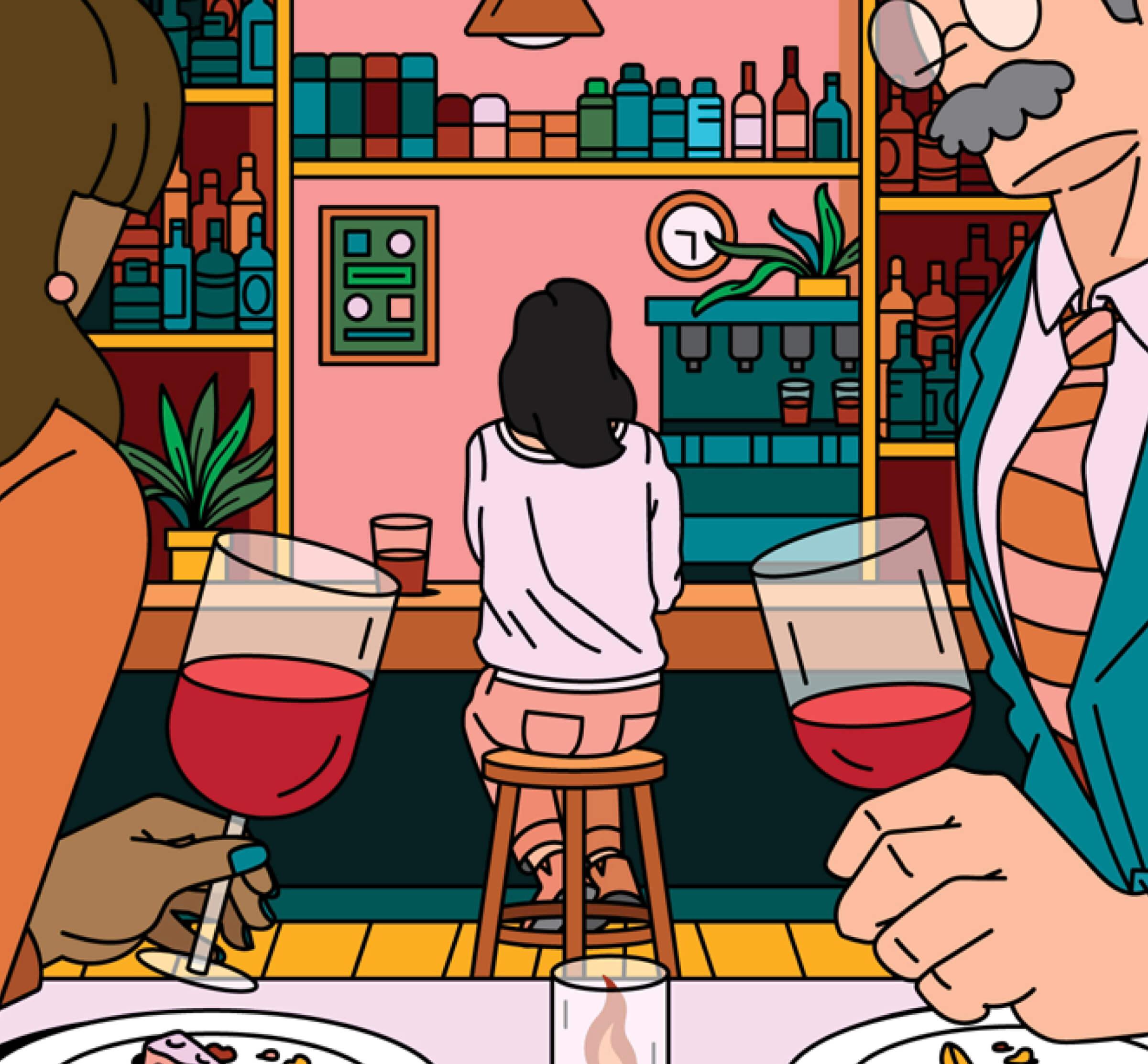 Illustration of a woman sitting at a bar. Her back is two an older couple holding wine glasses on a date