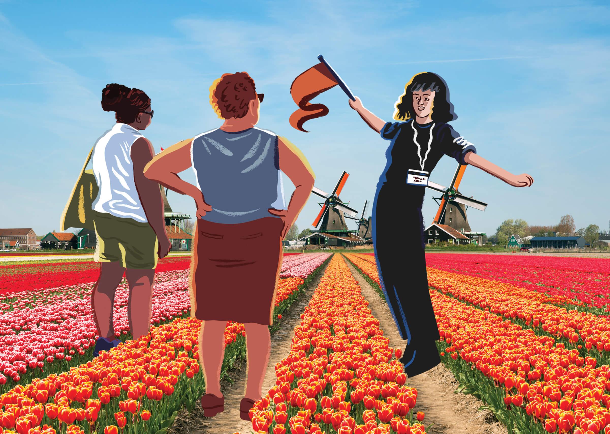 Photo illustration of a tour group and guide in a tulip field