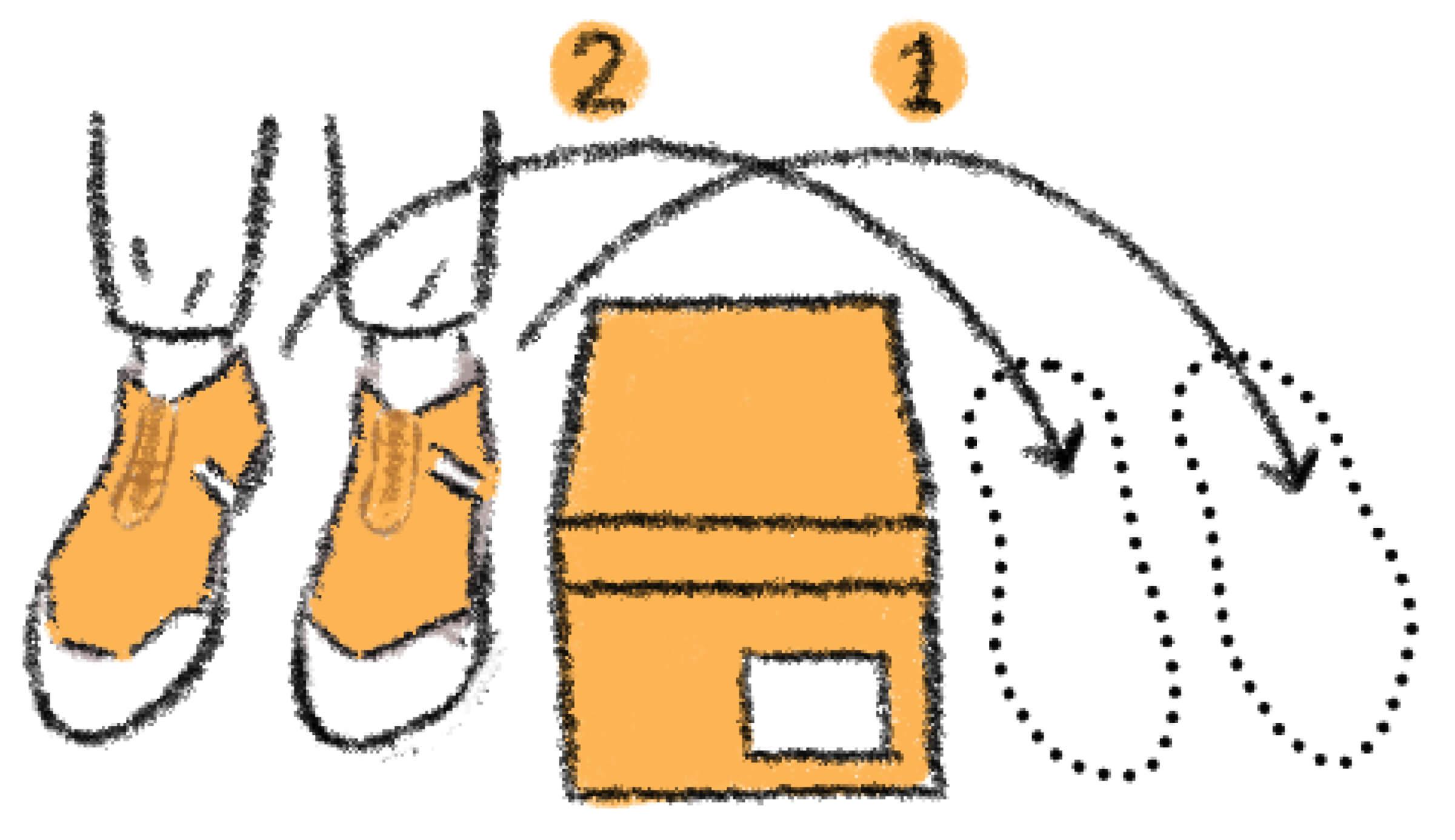 Illustration of feet next to shoe box, with arrows pointing to jump over