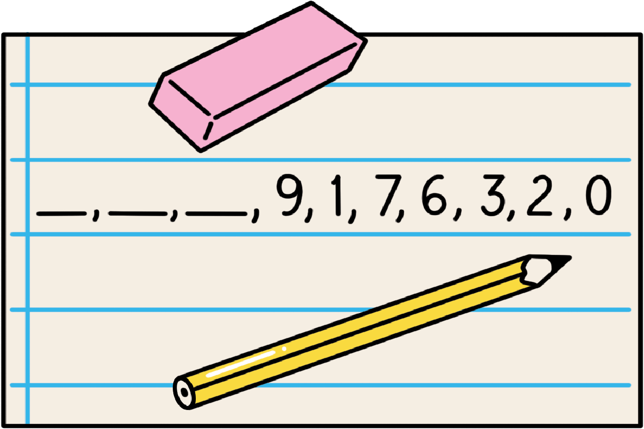 Illustration of three blank spaces, followed by 9,1, 7, 6, 3, 2, 0