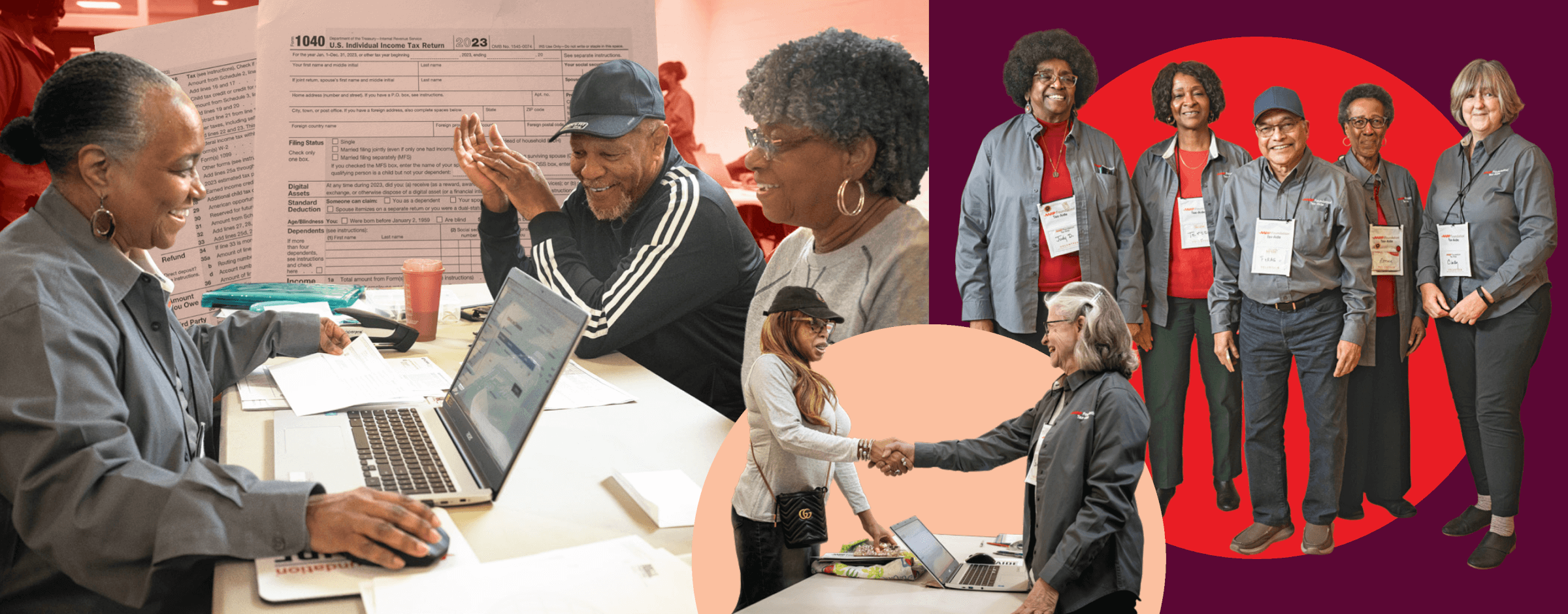 Photo collage of AARP Tax Aide volunteers with customers