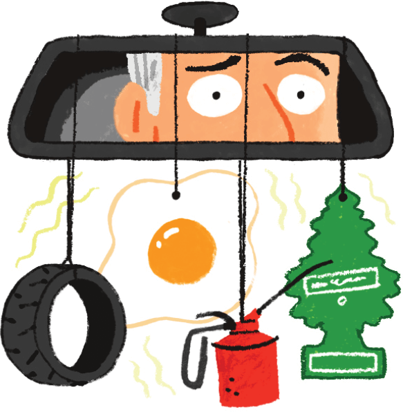 Illustration of eyes in a review mirror, different car fresheners are hanging from mirror